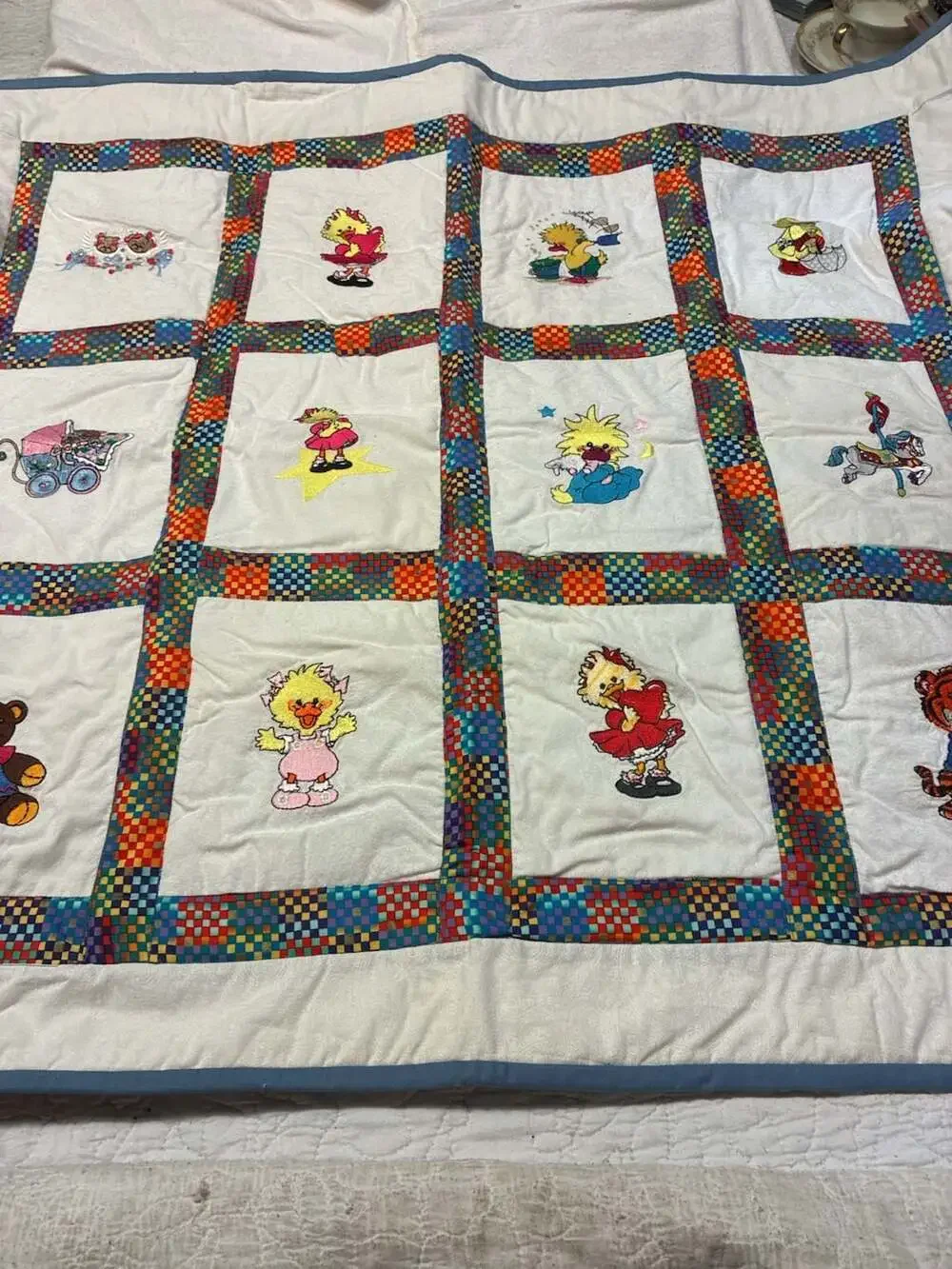Vintage Handmade Baby Quilt with Embroidered Animals and Multi-Color Patchwork B